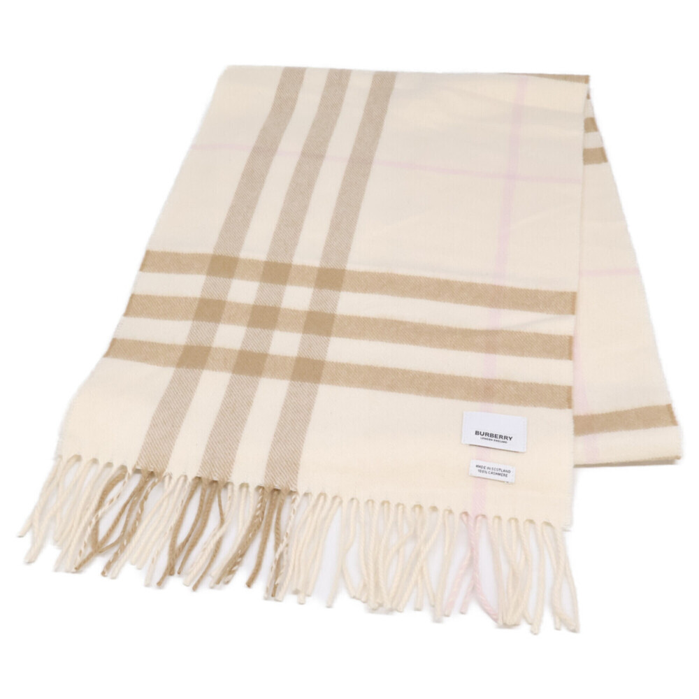 BURBERRY 8020814 70Q Check Cashmere Fringe Stole Scarf 168 x 30cm Beige Ivory...